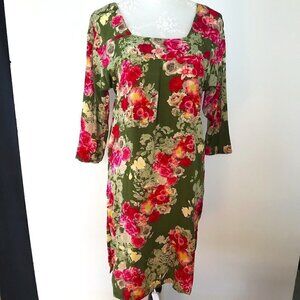 DKNY Long Colorful Tunic olive green/pink/yellow floral 3/4 sleeve square neck 6